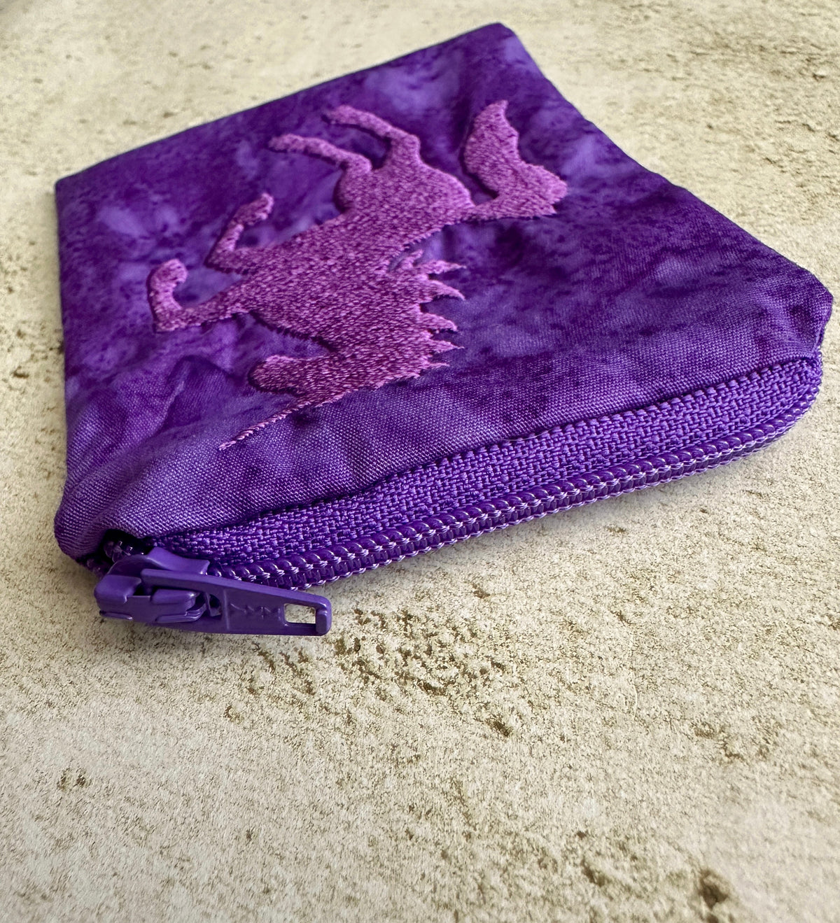 Purple Unicorn Mojo Bag – Embroidered Batik Pouch for Crystals & Coins