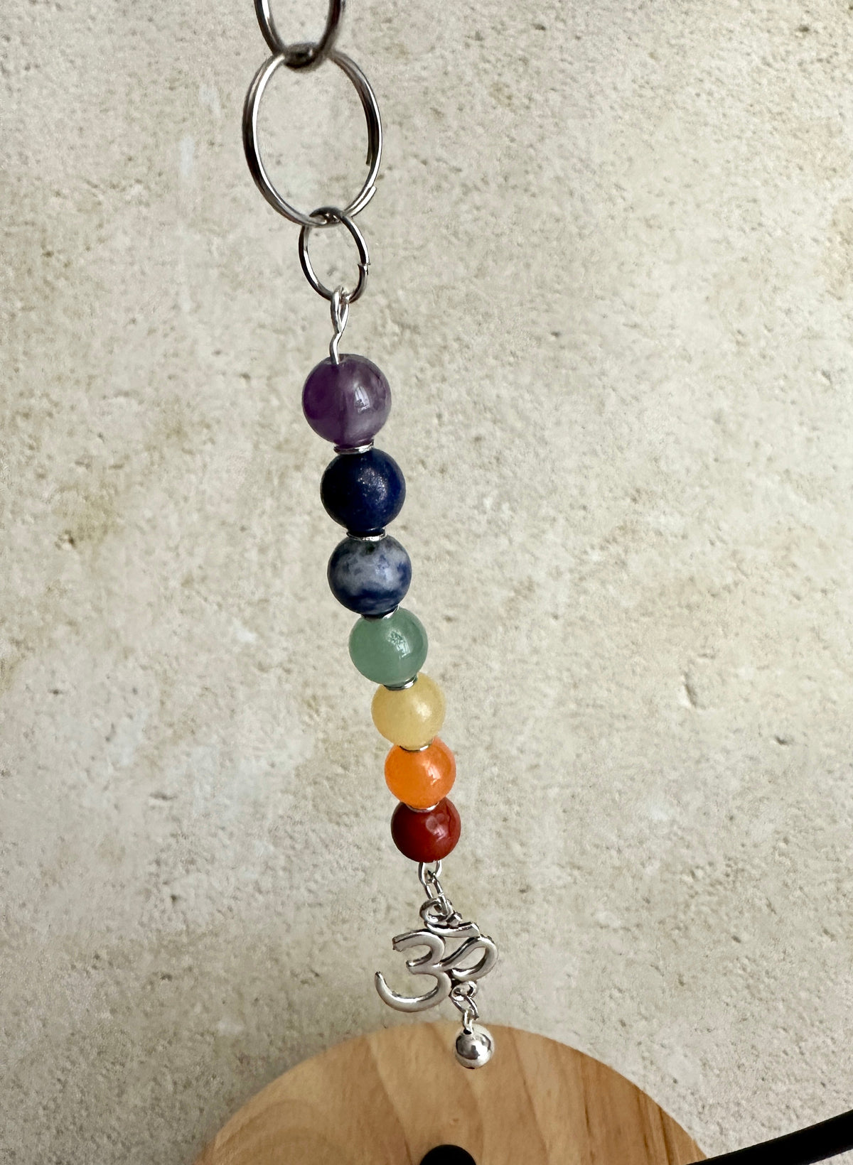 7 Chakra Crystal Gemstone Bag Charm – Reiki Infused Keychain with Silver Lotus, Moon or Om Charm