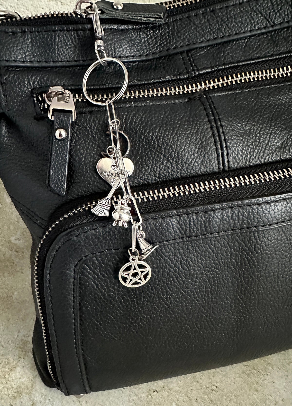 Witchy Bag Charm Keychain – Silver Pentacle, Moon, Witch Hat & Star Charms