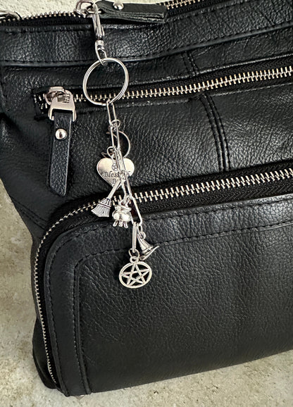 Witchy Bag Charm Keychain – Silver Pentacle, Moon, Witch Hat & Star Charms