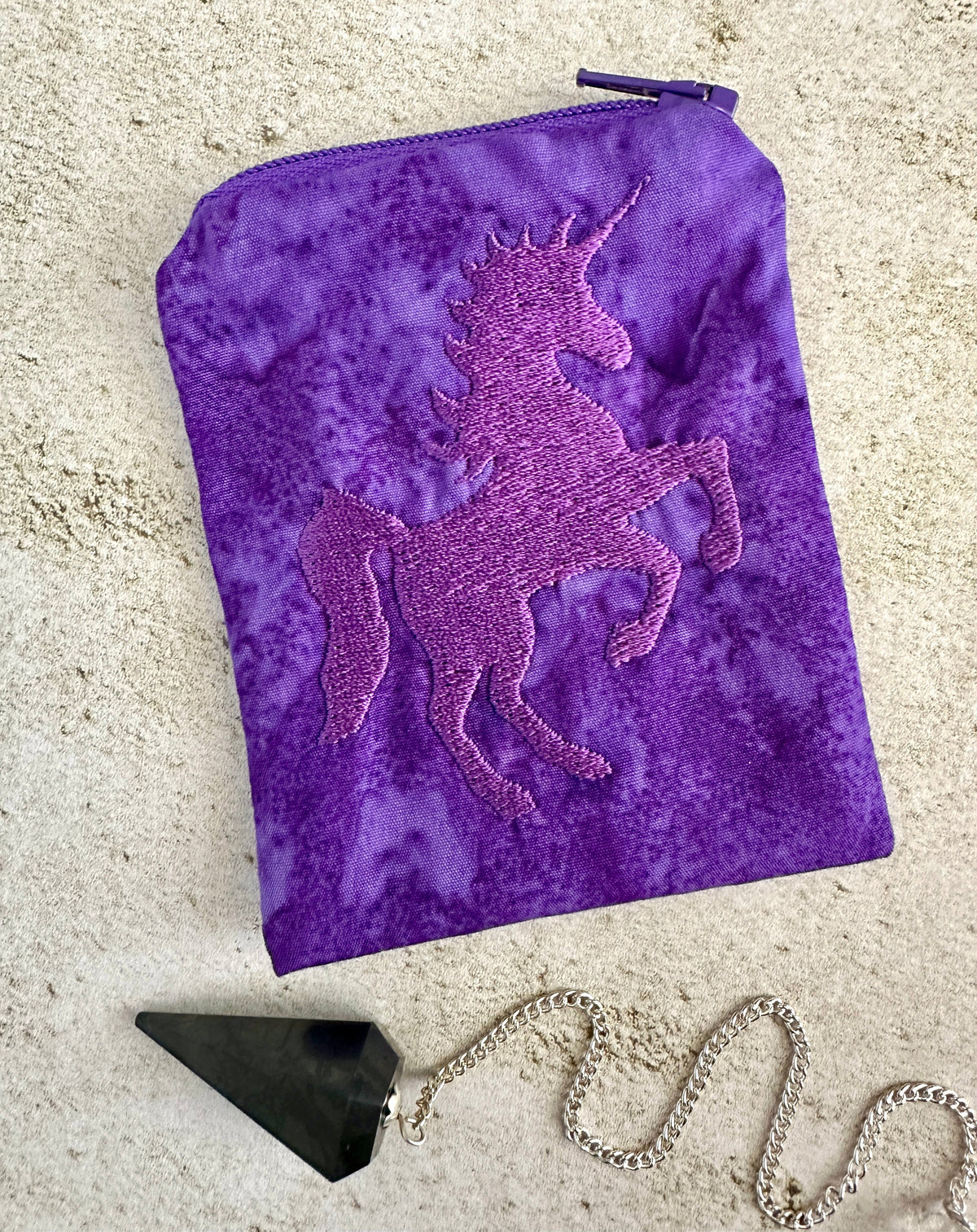 Purple Unicorn Mojo Bag – Embroidered Batik Pouch for Crystals & Coins