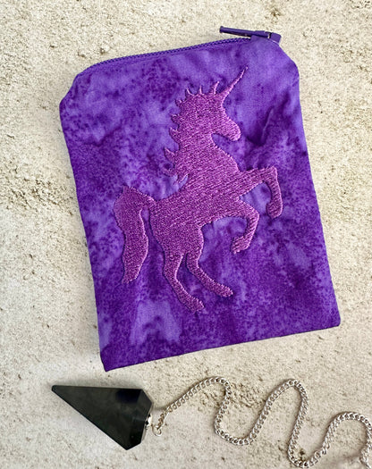 Purple Unicorn Mojo Bag – Embroidered Batik Pouch for Crystals & Coins