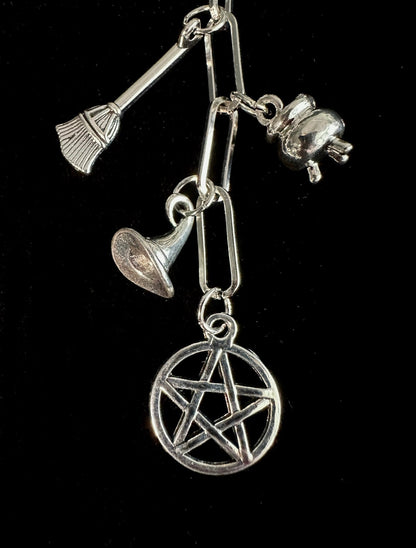 Witchy Bag Charm Keychain – Silver Pentacle, Moon, Witch Hat & Star Charms