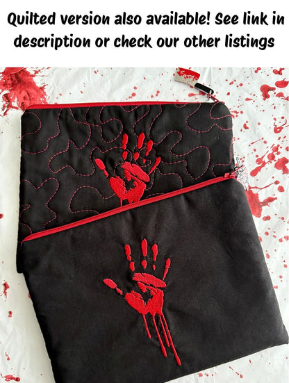 Bloody Handprint Embroidered Zipper Pouch – Horror Lover Cosmetic Bag & True Crime Gift