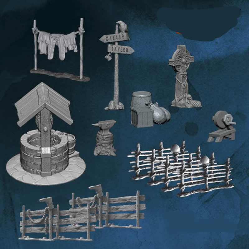FLM28182 Village  Accessory Set 28mm Heroic Scale Miniature Unpainted