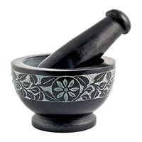 Floral Carved Black Soapstone Mortar & Pestle 4" x 2.75"