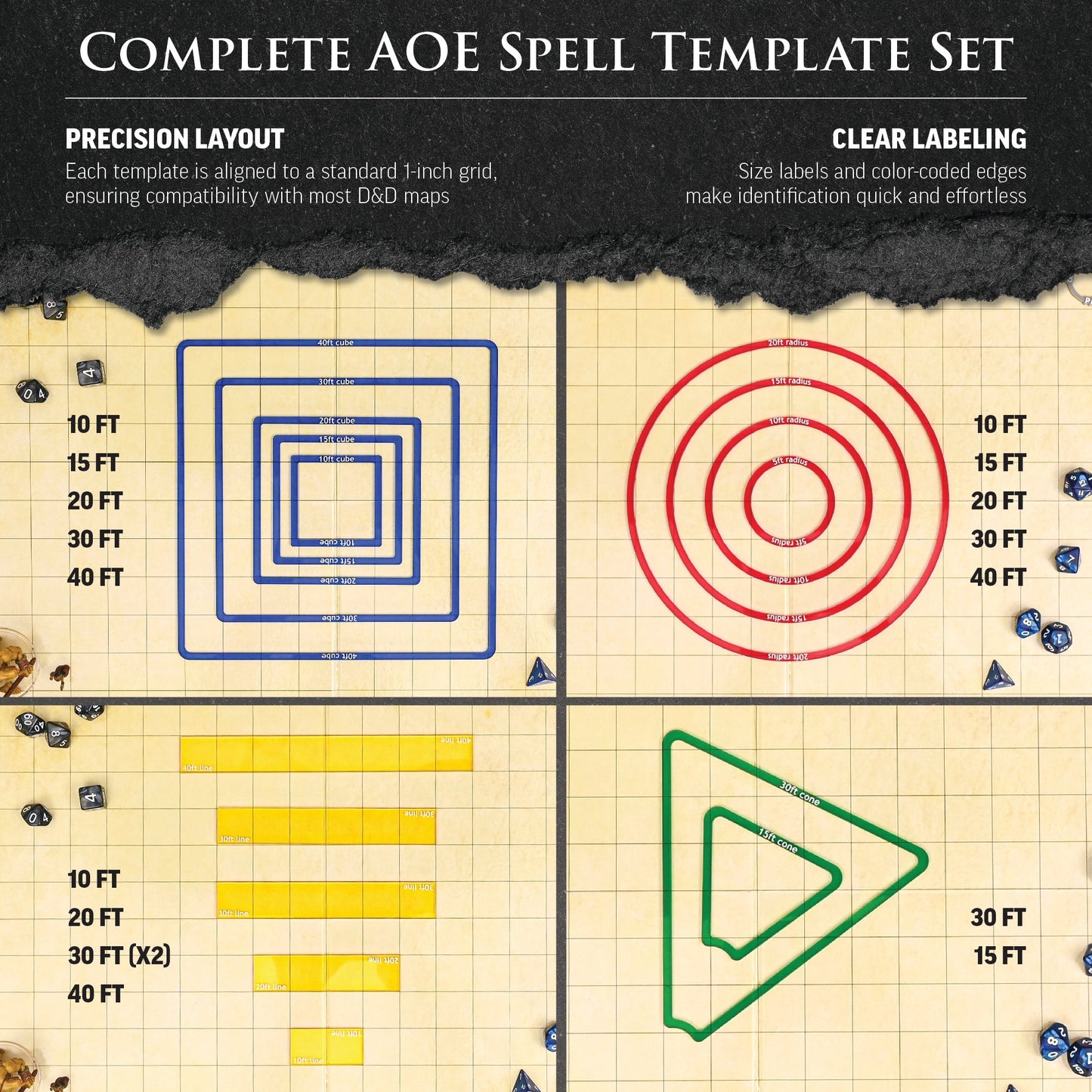 DND Area of Effect Spell Templates – Set of 16 AOE Markers for RPG