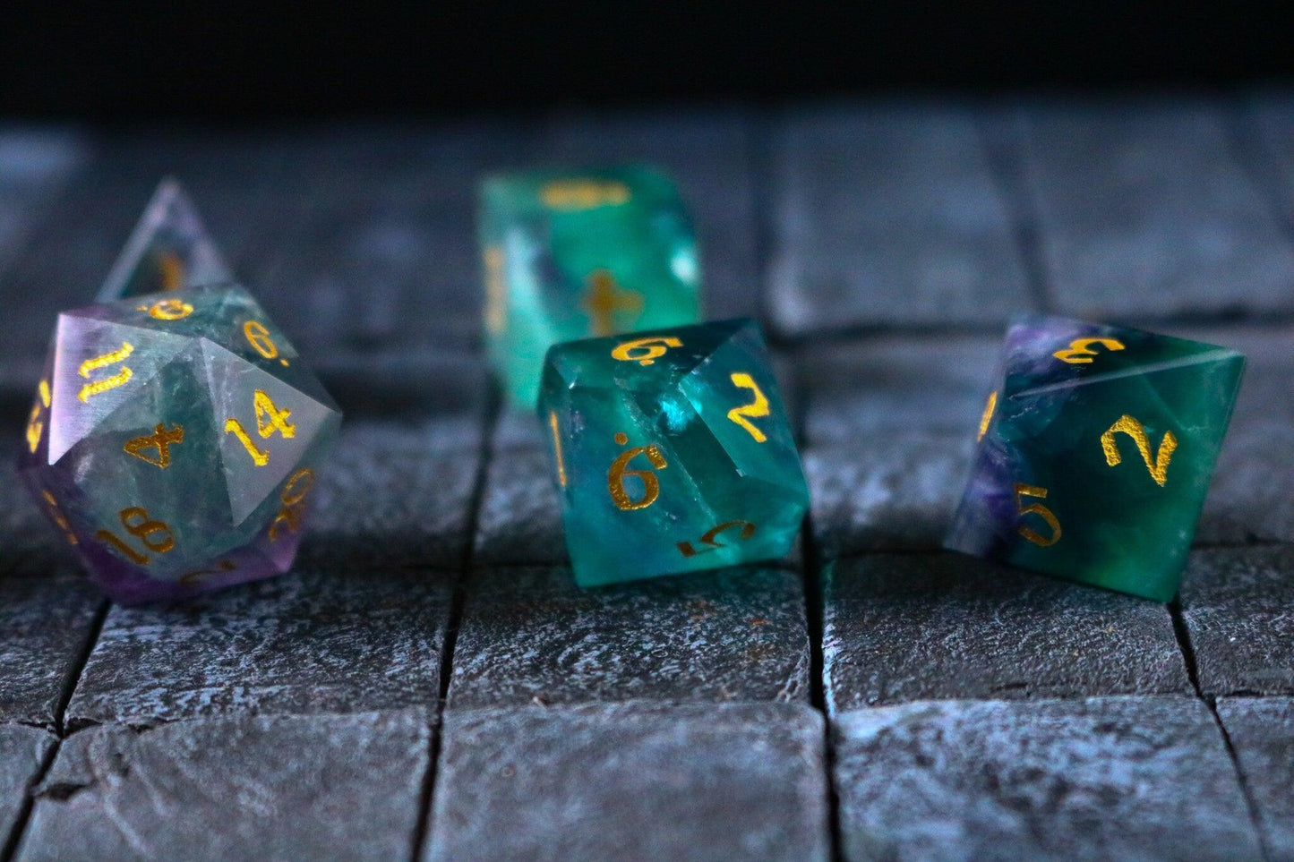 Gemstone Rainbow Fluorite Hand Carved DND Dice Set