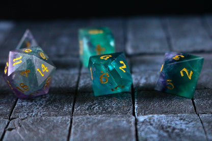 Gemstone Rainbow Fluorite Hand Carved DND Dice Set