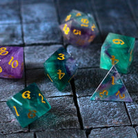 Gemstone Rainbow Fluorite Hand Carved DND Dice Set