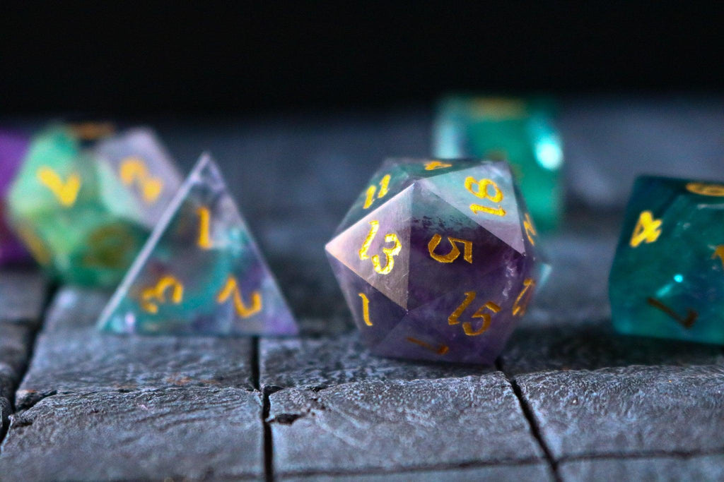 Gemstone Rainbow Fluorite Hand Carved DND Dice Set