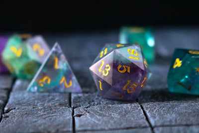 Gemstone Rainbow Fluorite Hand Carved DND Dice Set