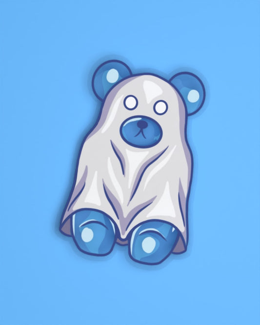 Ghost Gummy – Blue Gummy Bear in Ghost Sheet Halloween Sticker