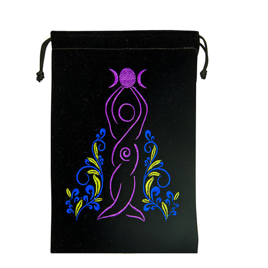 Goddess Black Velvet Embroidered Bag - 5" x 7" Divine Feminine Pouch