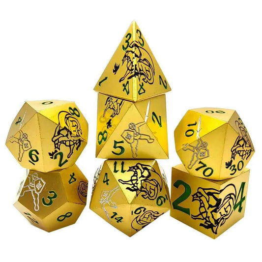 Black Dragon and Warrior Gold Metal DND Dice Set — 7-Piece Zinc Alloy TTRPG Dice