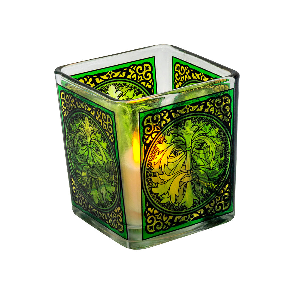 Celtic Green Man Handcrafted Glass Square Votive Holder