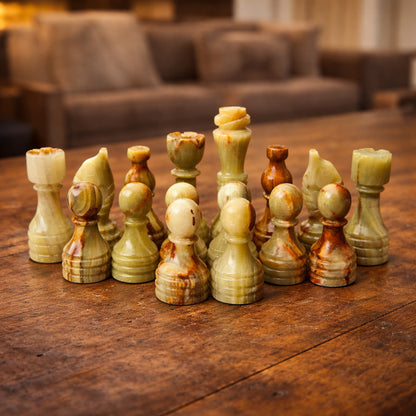 Coral and Green Onyx Chess Pieces for 12 to 16 Inches Board - Handcrafted (Pieces Only)