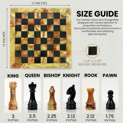 Green Onyx and Black Marble Chess Set 12 Inches - Premium Handmade