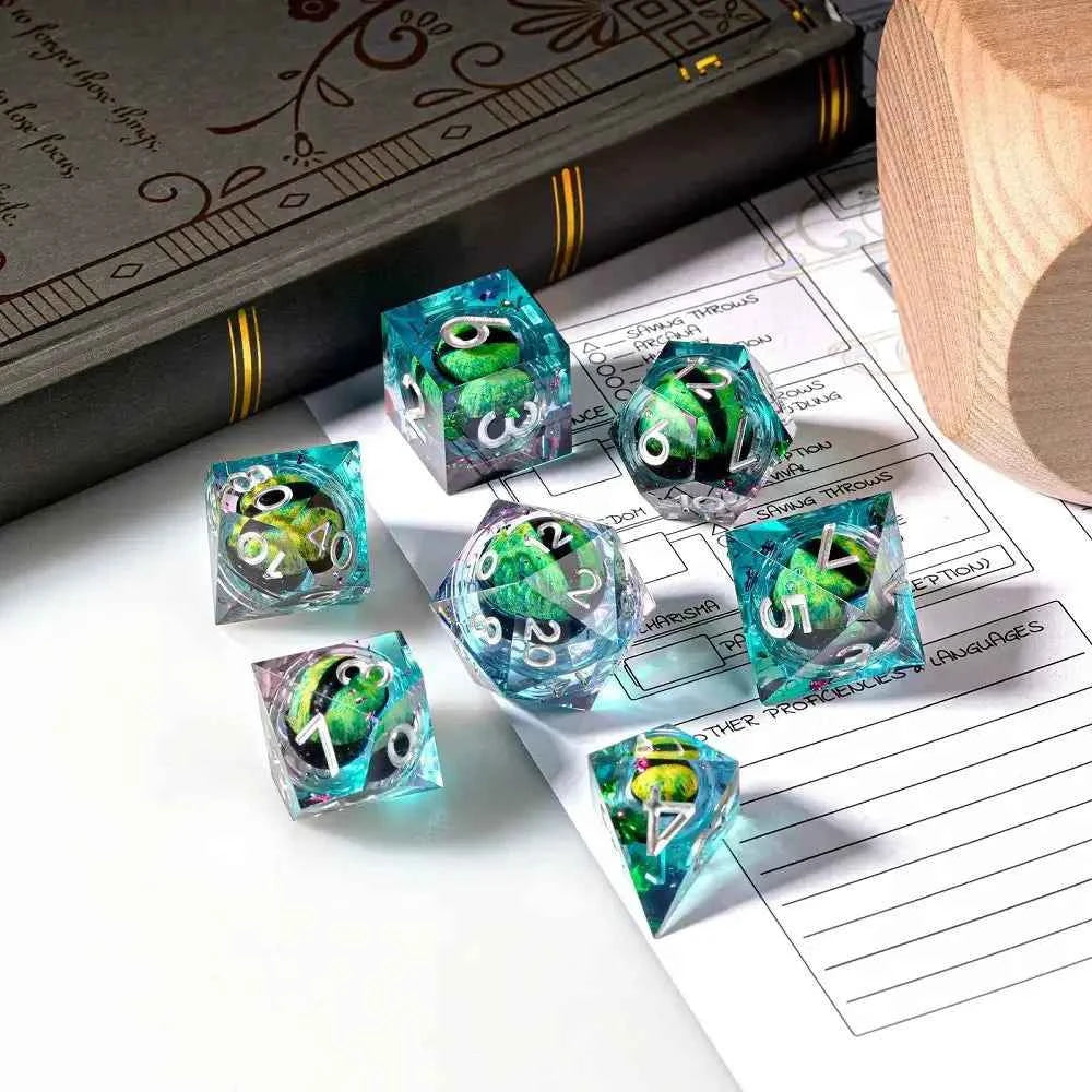Green Dragon Eye Transparent Resin Liquid Core DND Dice Set + Silver Font