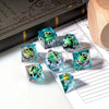 Green Dragon Eye Transparent Resin Liquid Core DND Dice Set + Silver Font