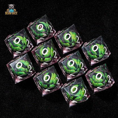Green Dragon's Eye Kernel - Silver Font Resin 10 Sided Dice (D10 Dice)