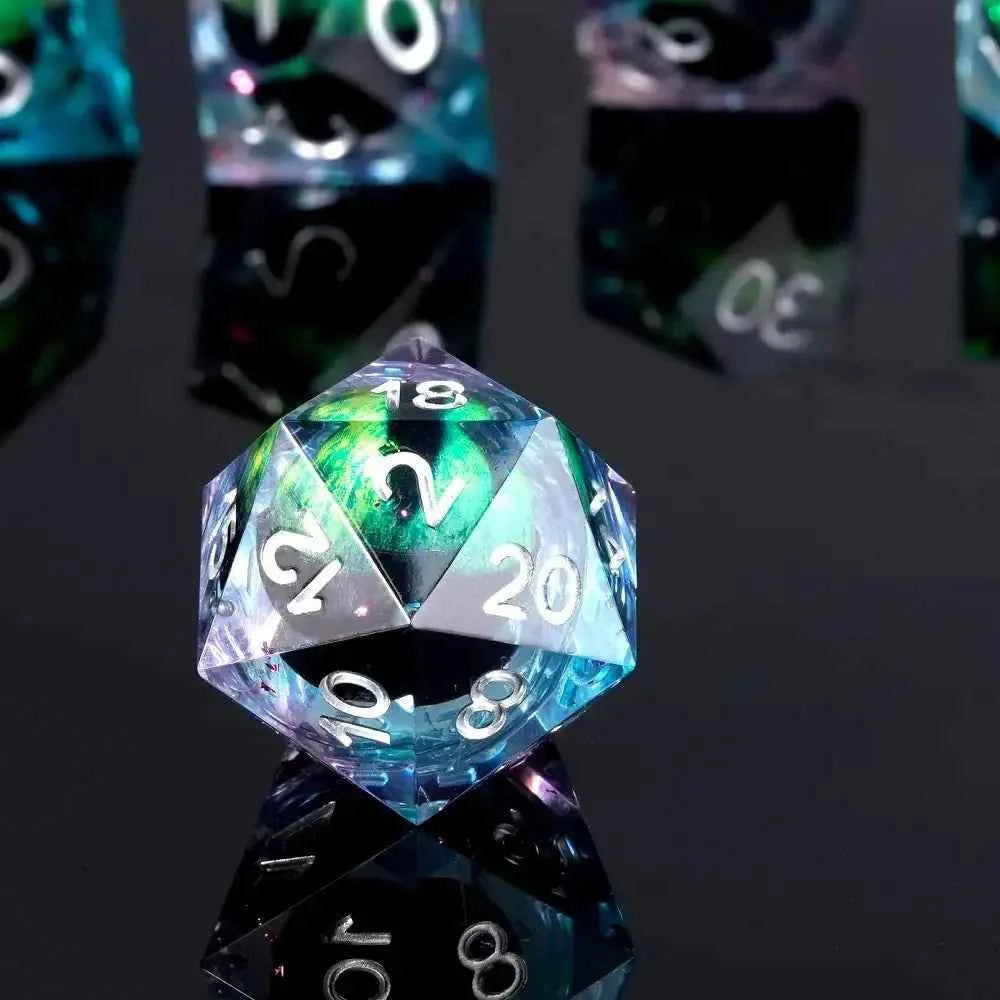 Green Dragon Eye Transparent Resin Liquid Core DND Dice Set + Silver Font