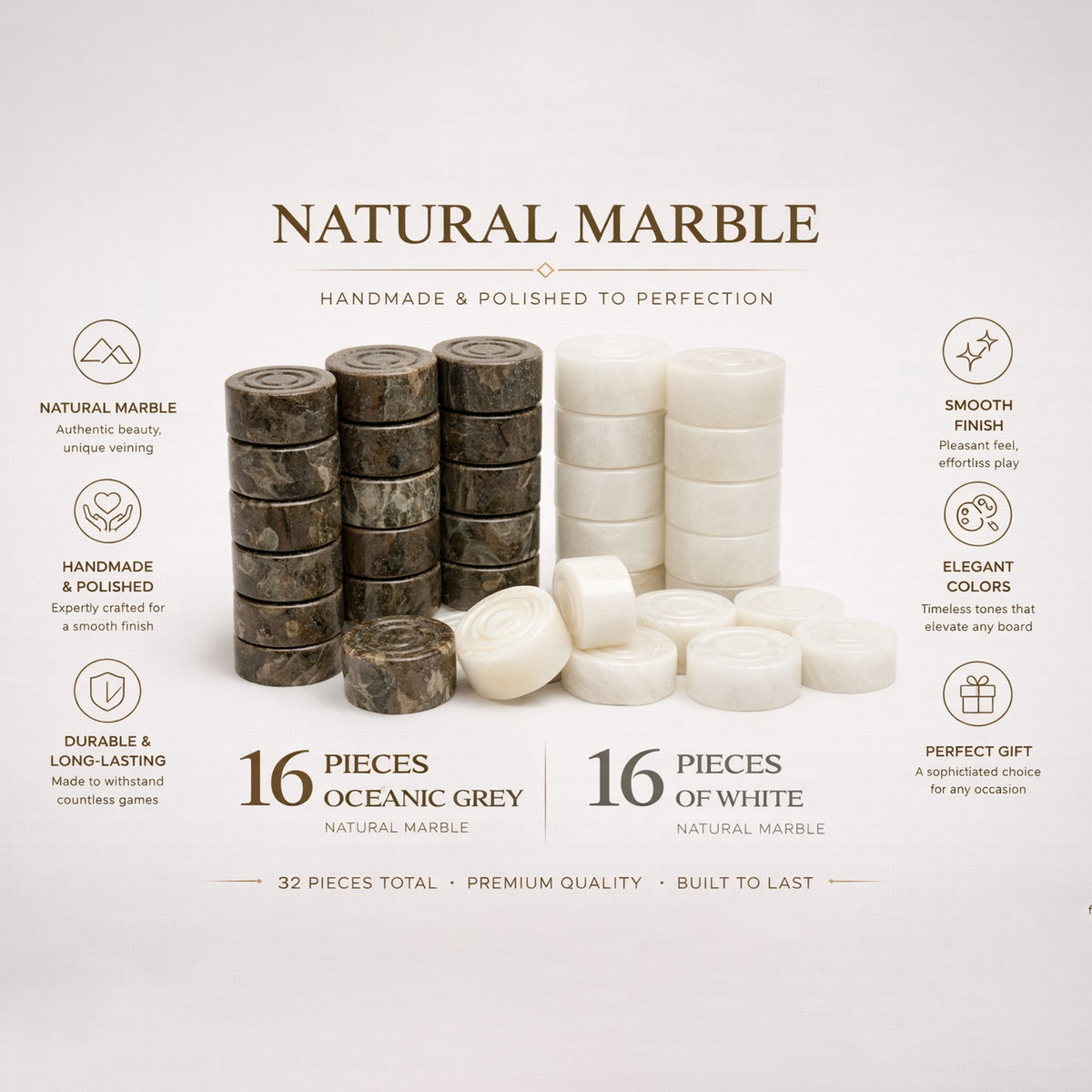 Grey Oceanic and White Marble Checkers Set – ( 32 Handcrafted Pieces )