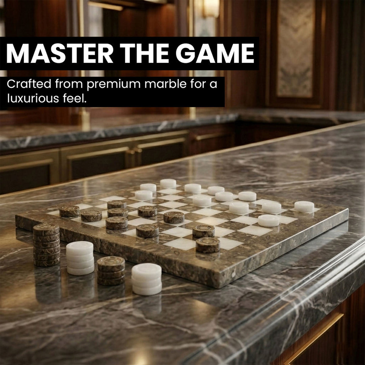 Grey Oceanic and White Marble Checkers Set – ( 32 Handcrafted Pieces )