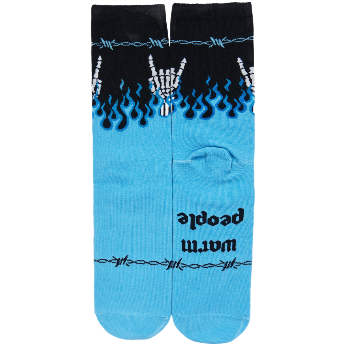 Hades – Blue Flame & Skeleton Hand Crew Socks with Barbed-Wire Design