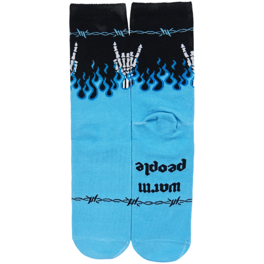Hades – Blue Flame & Skeleton Hand Crew Socks with Barbed-Wire Design