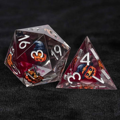 Halloween Gift: Pumpkin Monster Blood Resin DND Dice Set + Silver Numbers