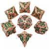 Rose Gold w/green Barbed Strengthened Metal 7-Dice Set | Metal DND Dice