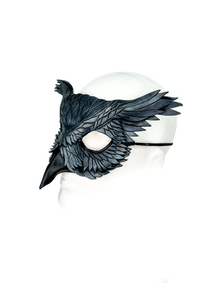Layered Horned Owl Handmade Genuine Leather Mask in Grey