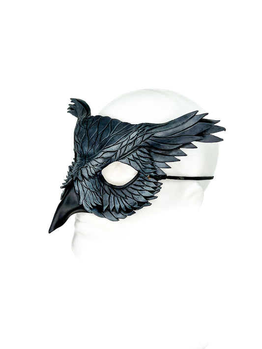Layered Horned Owl Handmade Genuine Leather Mask in Grey