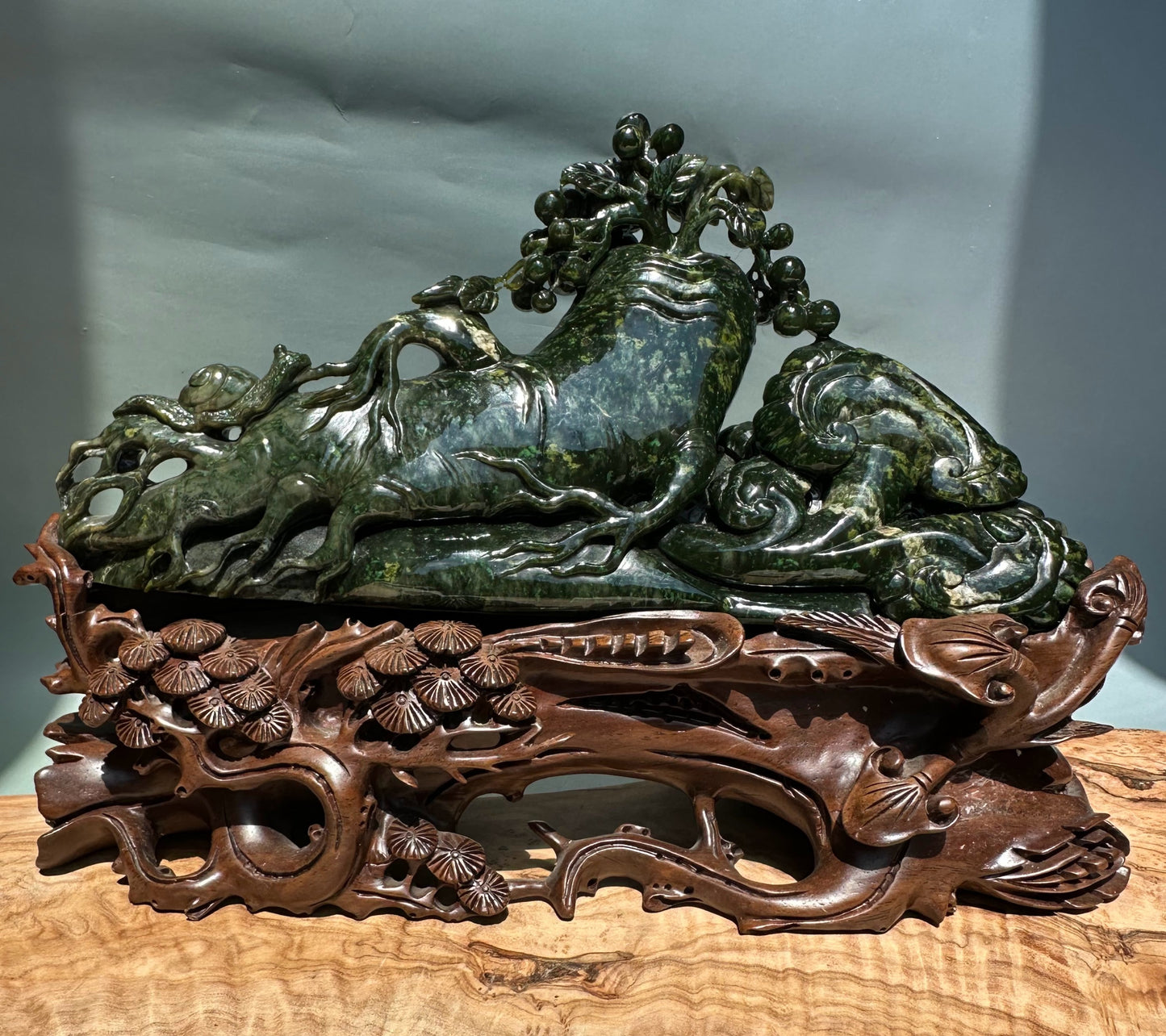 Unique Canadian Cassiar Jade Sculpture — Hand-Carved on Wooden Base