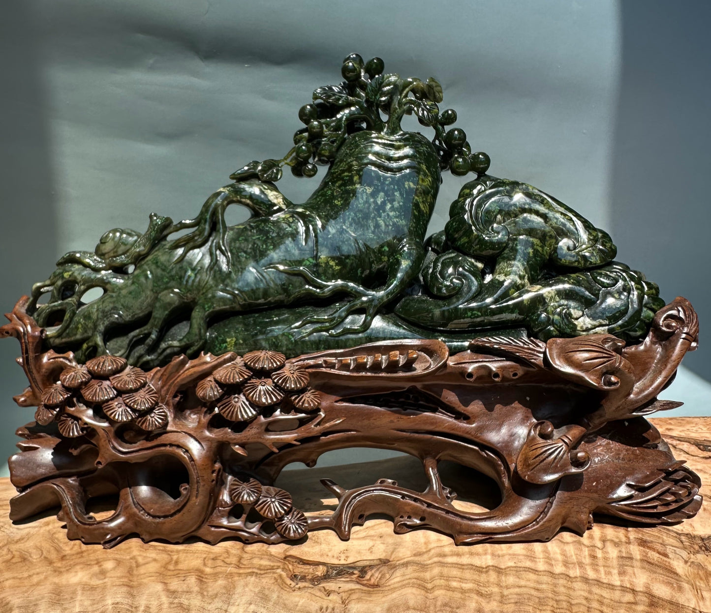 Unique Canadian Cassiar Jade Sculpture — Hand-Carved on Wooden Base