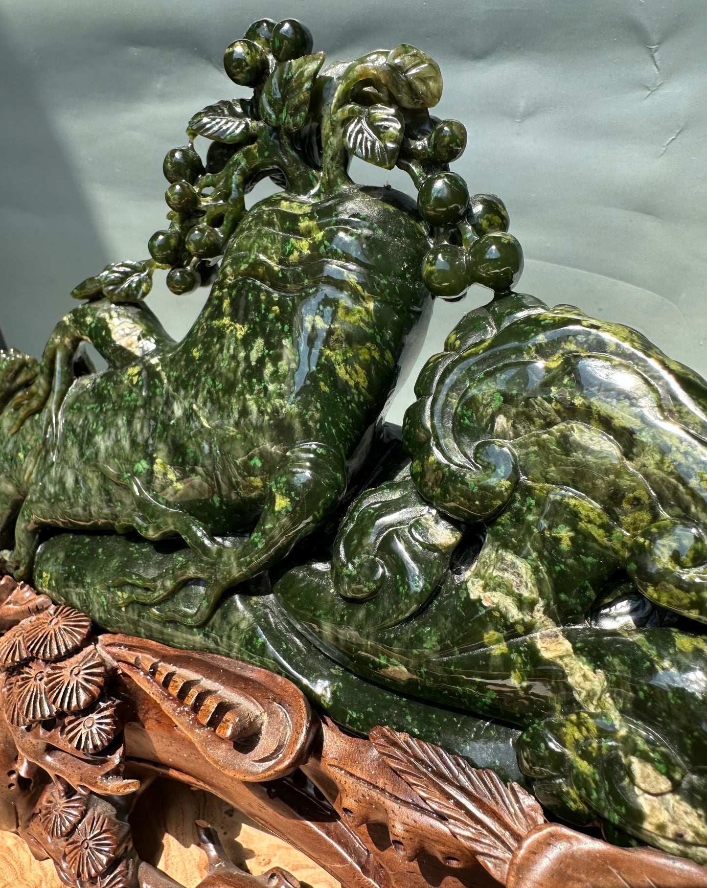 Unique Canadian Cassiar Jade Sculpture — Hand-Carved on Wooden Base