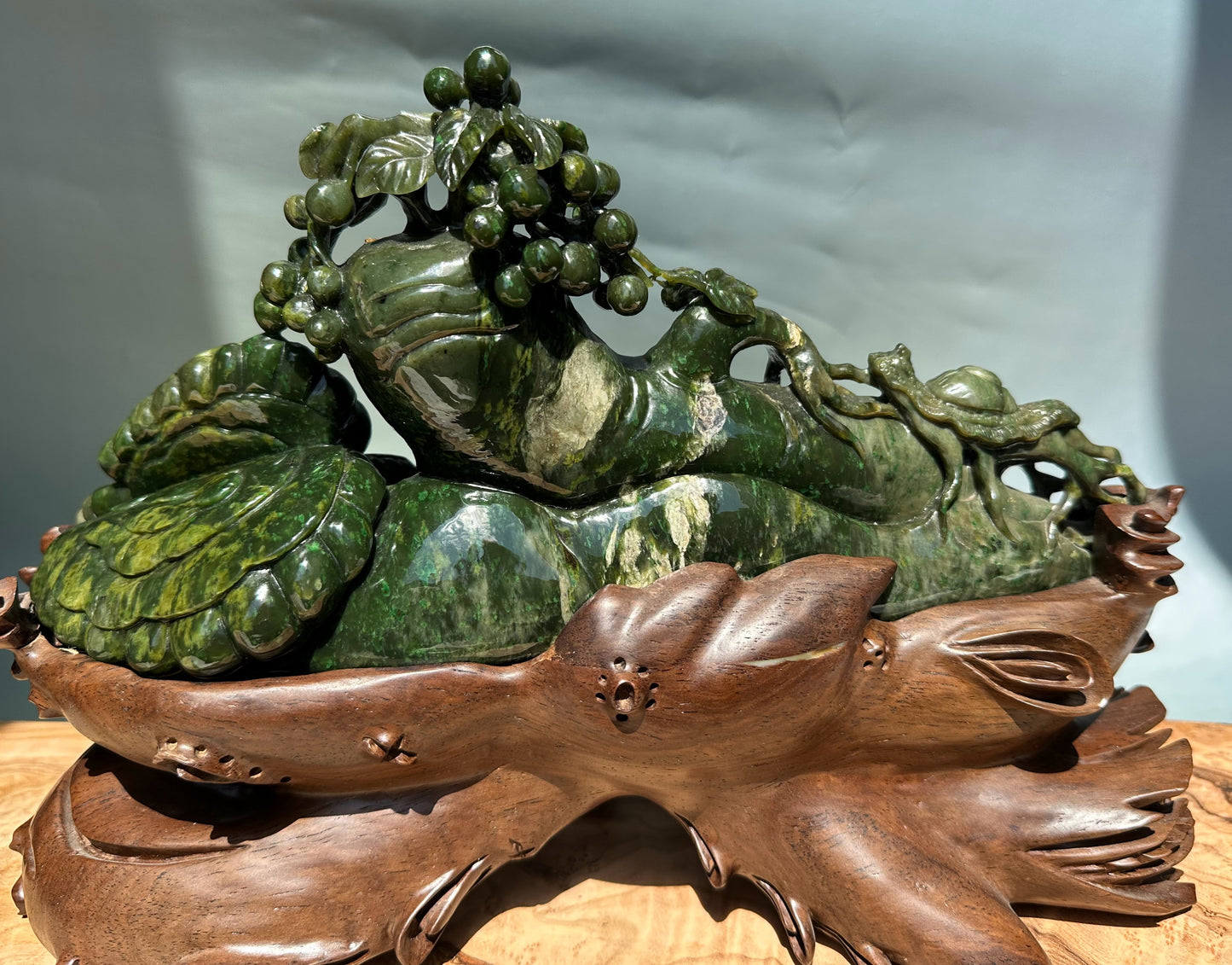 Unique Canadian Cassiar Jade Sculpture — Hand-Carved on Wooden Base