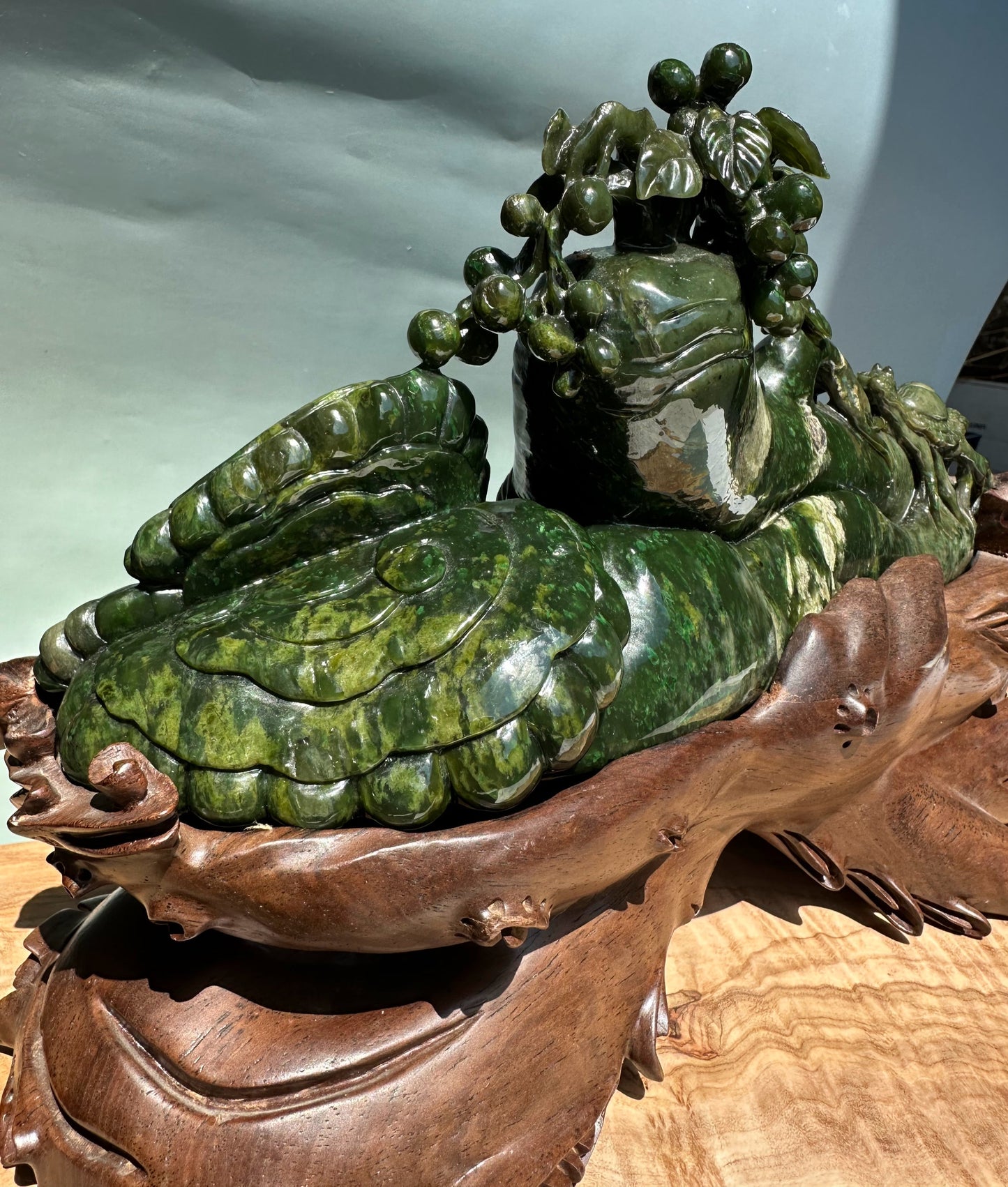 Unique Canadian Cassiar Jade Sculpture — Hand-Carved on Wooden Base