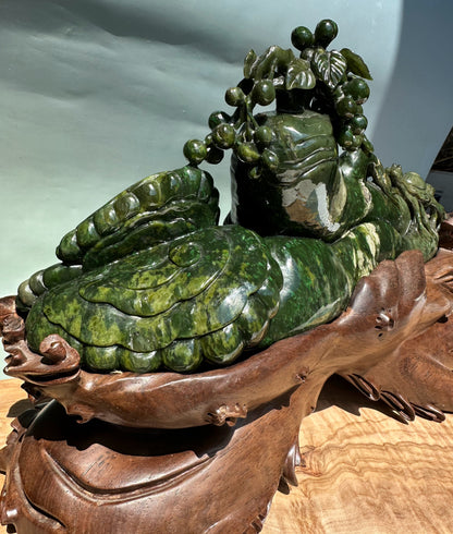 Unique Canadian Cassiar Jade Sculpture — Hand-Carved on Wooden Base