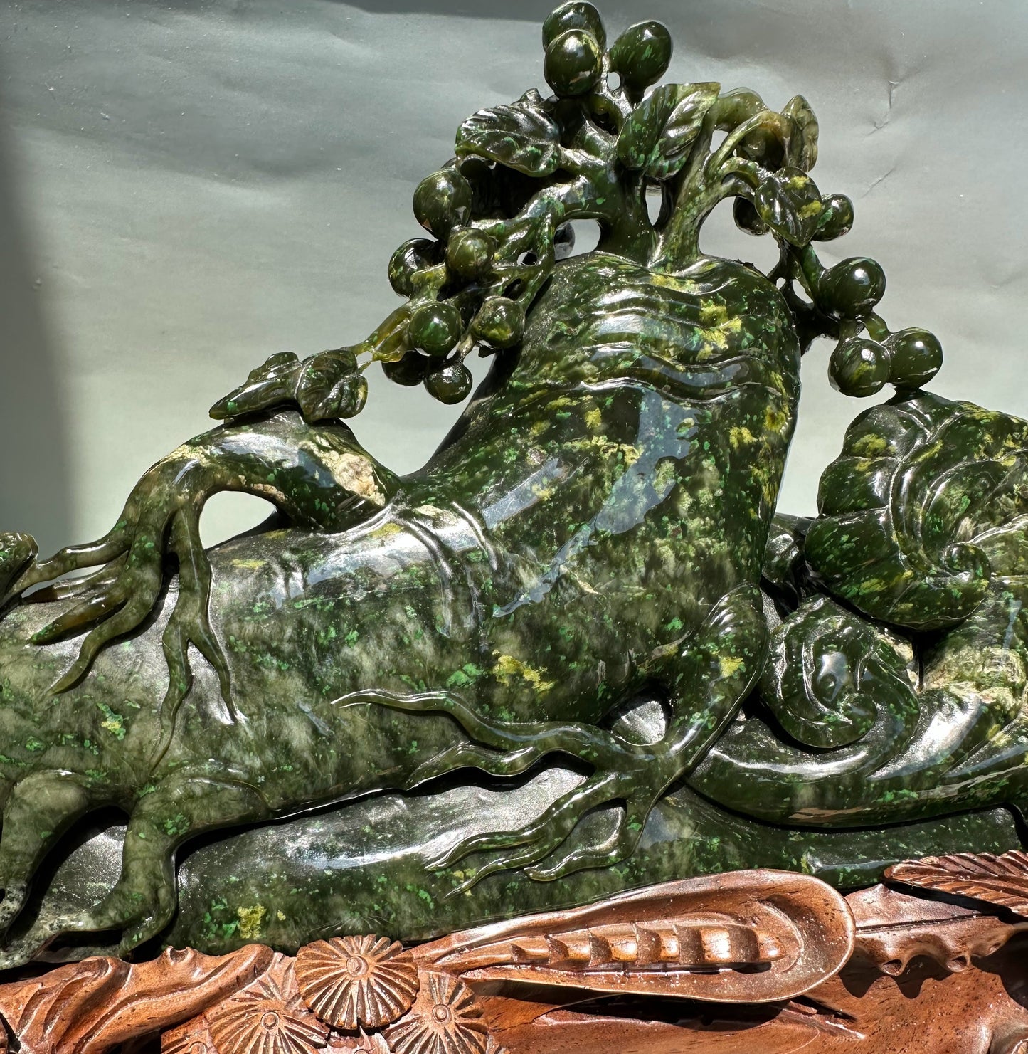 Unique Canadian Cassiar Jade Sculpture — Hand-Carved on Wooden Base