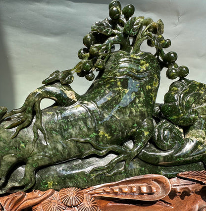 Unique Canadian Cassiar Jade Sculpture — Hand-Carved on Wooden Base
