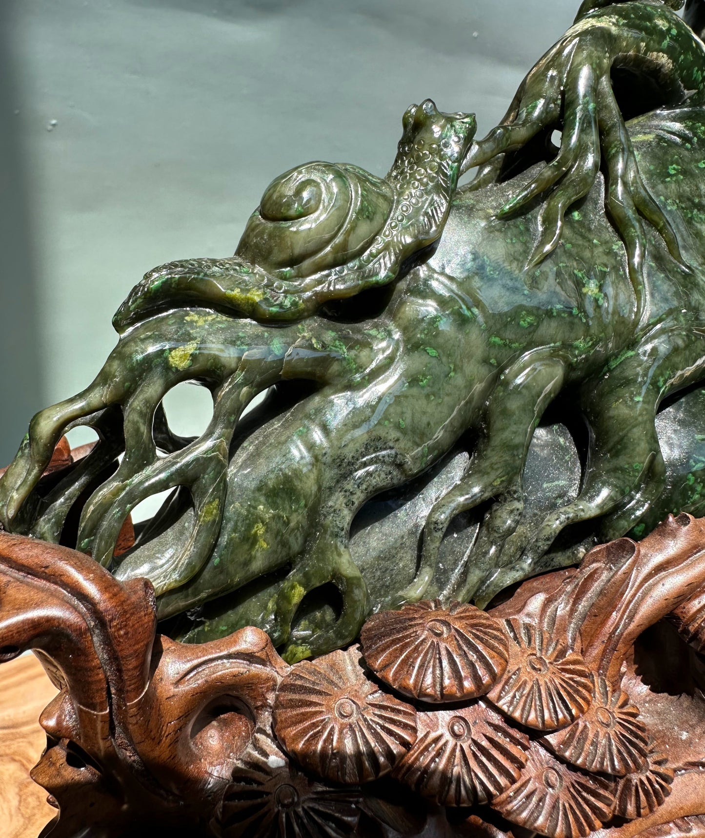 Unique Canadian Cassiar Jade Sculpture — Hand-Carved on Wooden Base