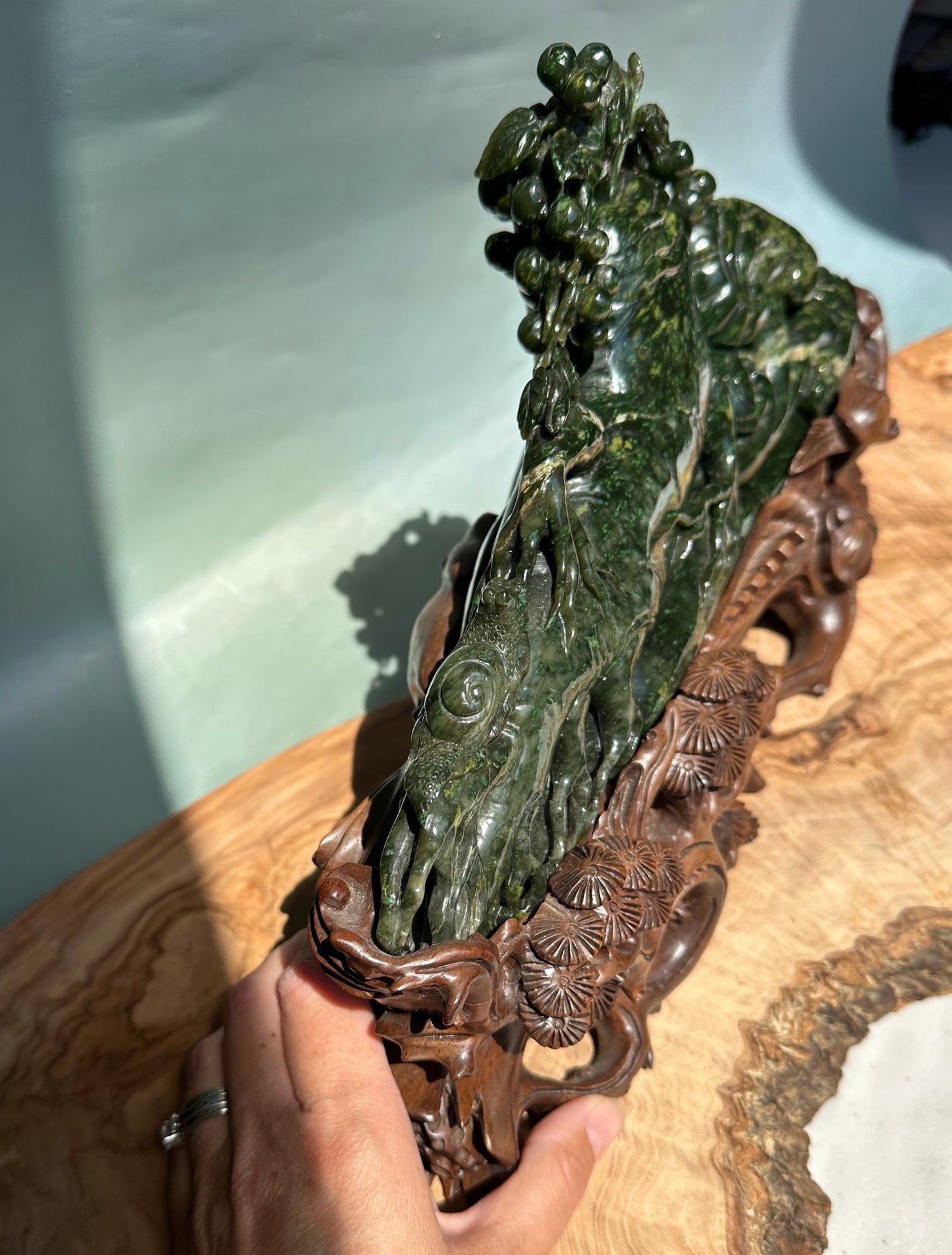 Unique Canadian Cassiar Jade Sculpture — Hand-Carved on Wooden Base