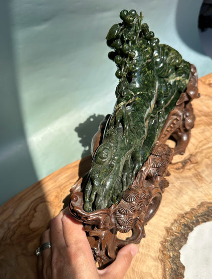 Unique Canadian Cassiar Jade Sculpture — Hand-Carved on Wooden Base