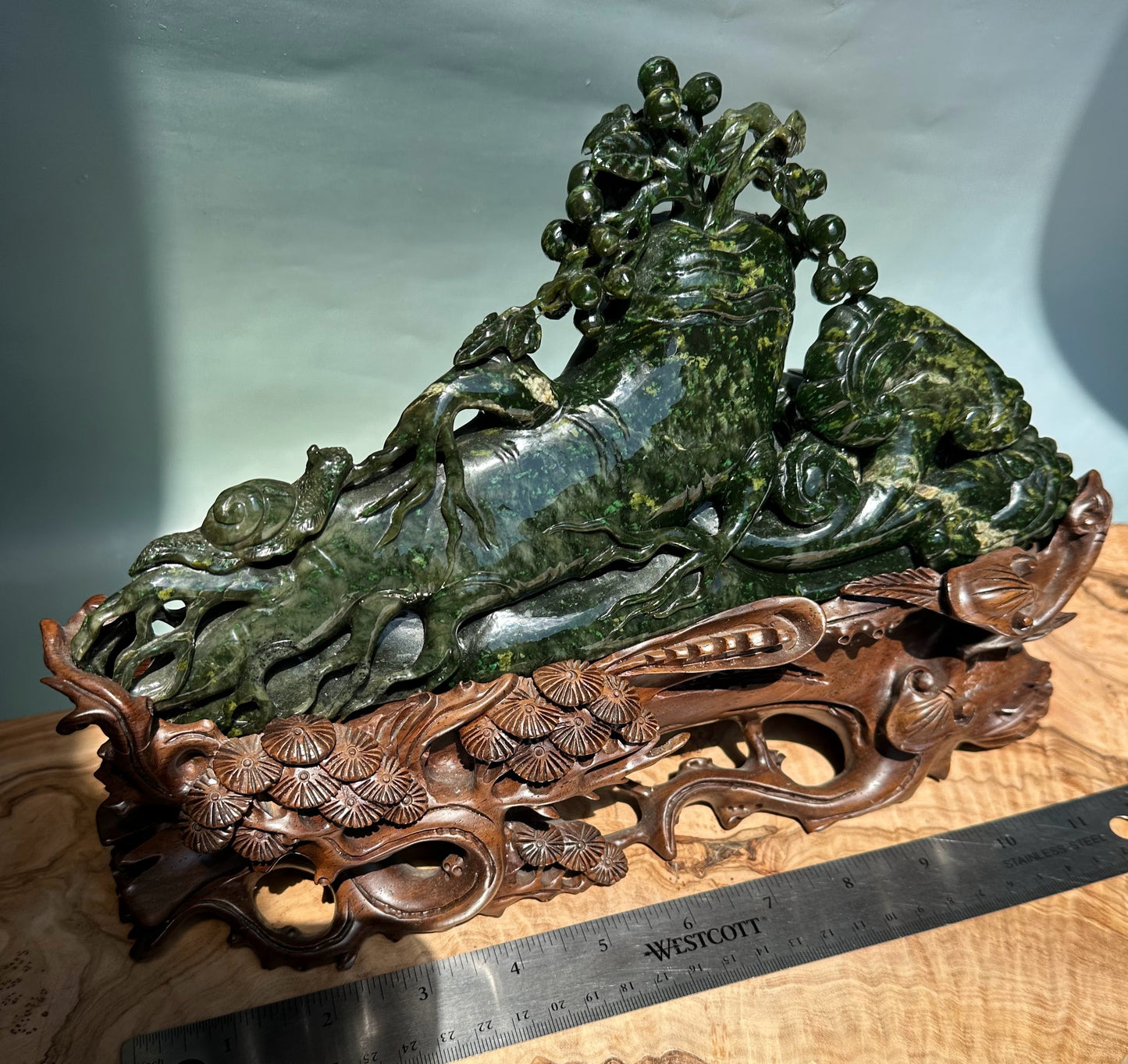 Unique Canadian Cassiar Jade Sculpture — Hand-Carved on Wooden Base