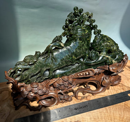 Unique Canadian Cassiar Jade Sculpture — Hand-Carved on Wooden Base