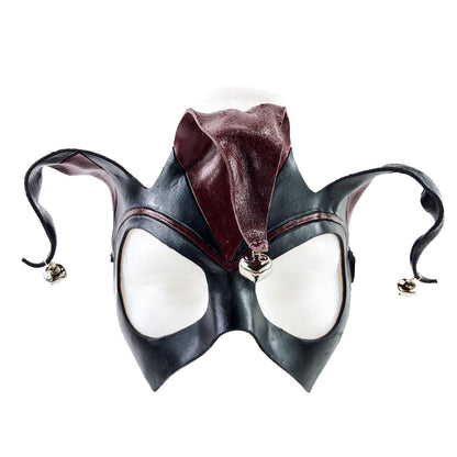 Handmade Genuine Leather Jester Mask in Red and Black with Silver Bells