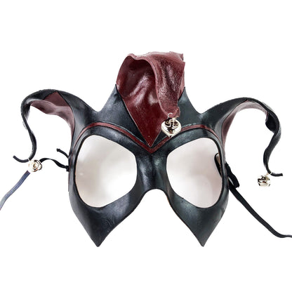 Handmade Genuine Leather Jester Mask in Red and Black with Silver Bells