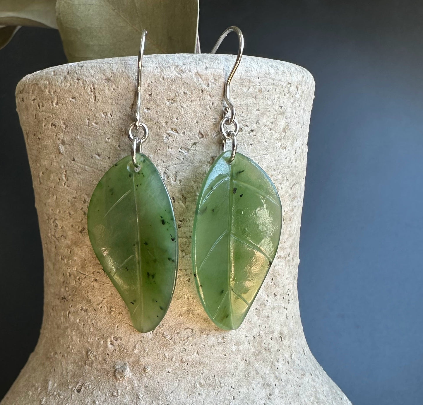 Canadian Jade Leaf Earrings — Sterling Silver Hooks (UJKK-1990-H)